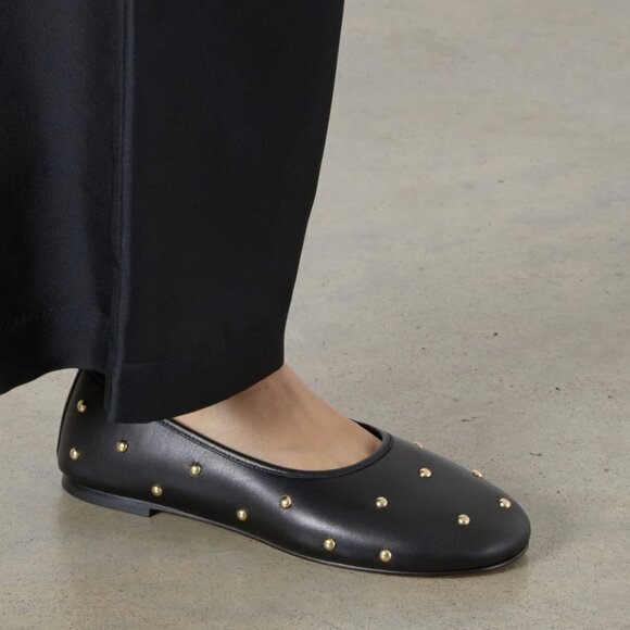 Dear Frances | Black Leather Bala Gold Studs Ballerina Flats | 38 - Picture 3 of 16